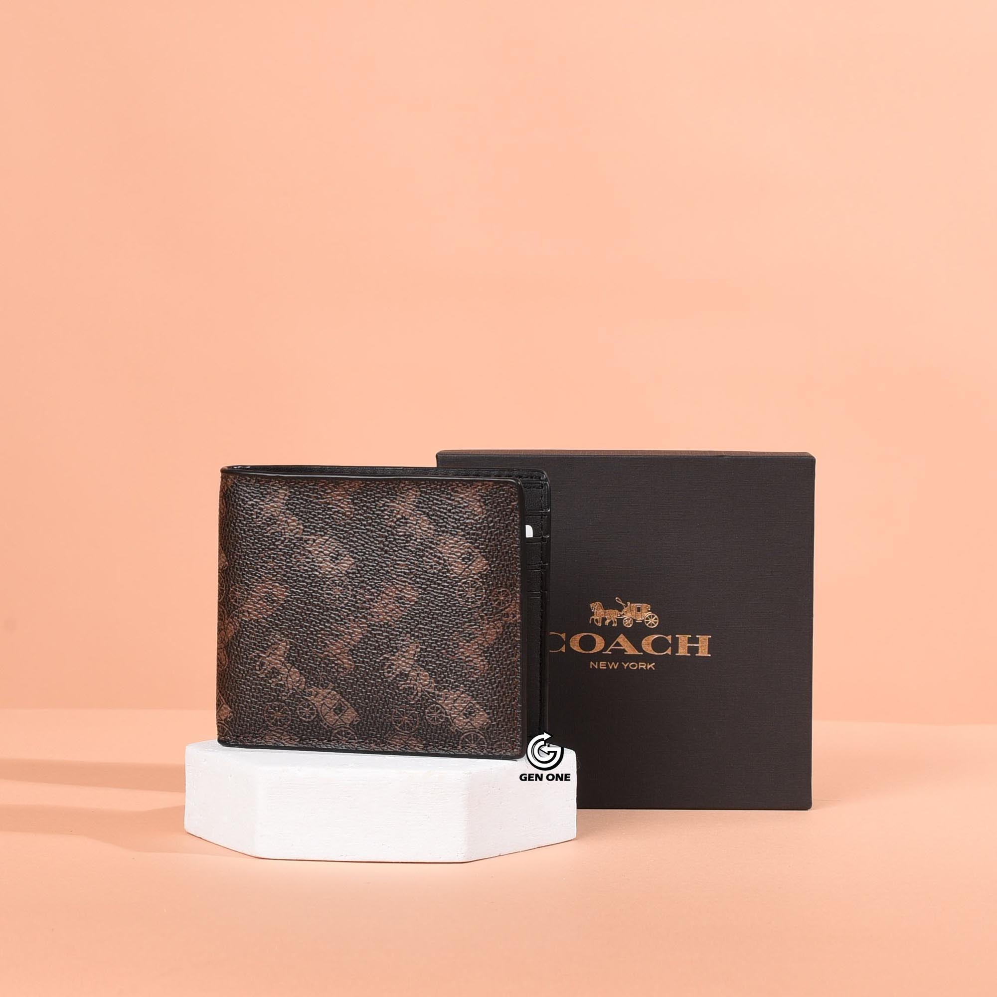 COACH 570 ID BILLFOLD WALLET WITH HORSE AND CARRIAGE PRINT - BROWN