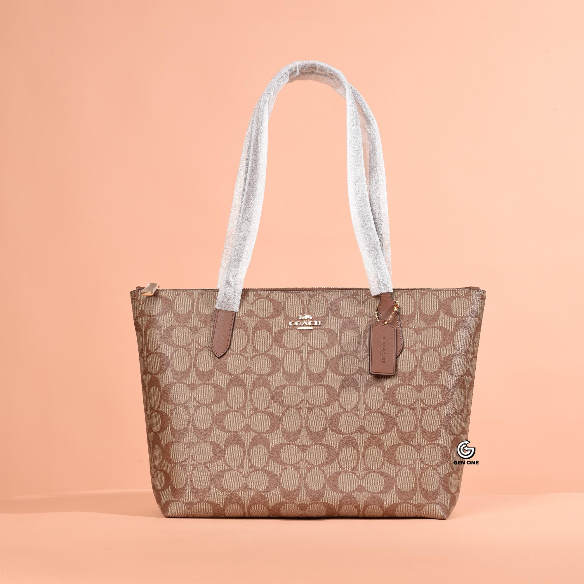 COACH 4455 SIGNATURE CANVAS ZIP TOTE BAG - BEIGE