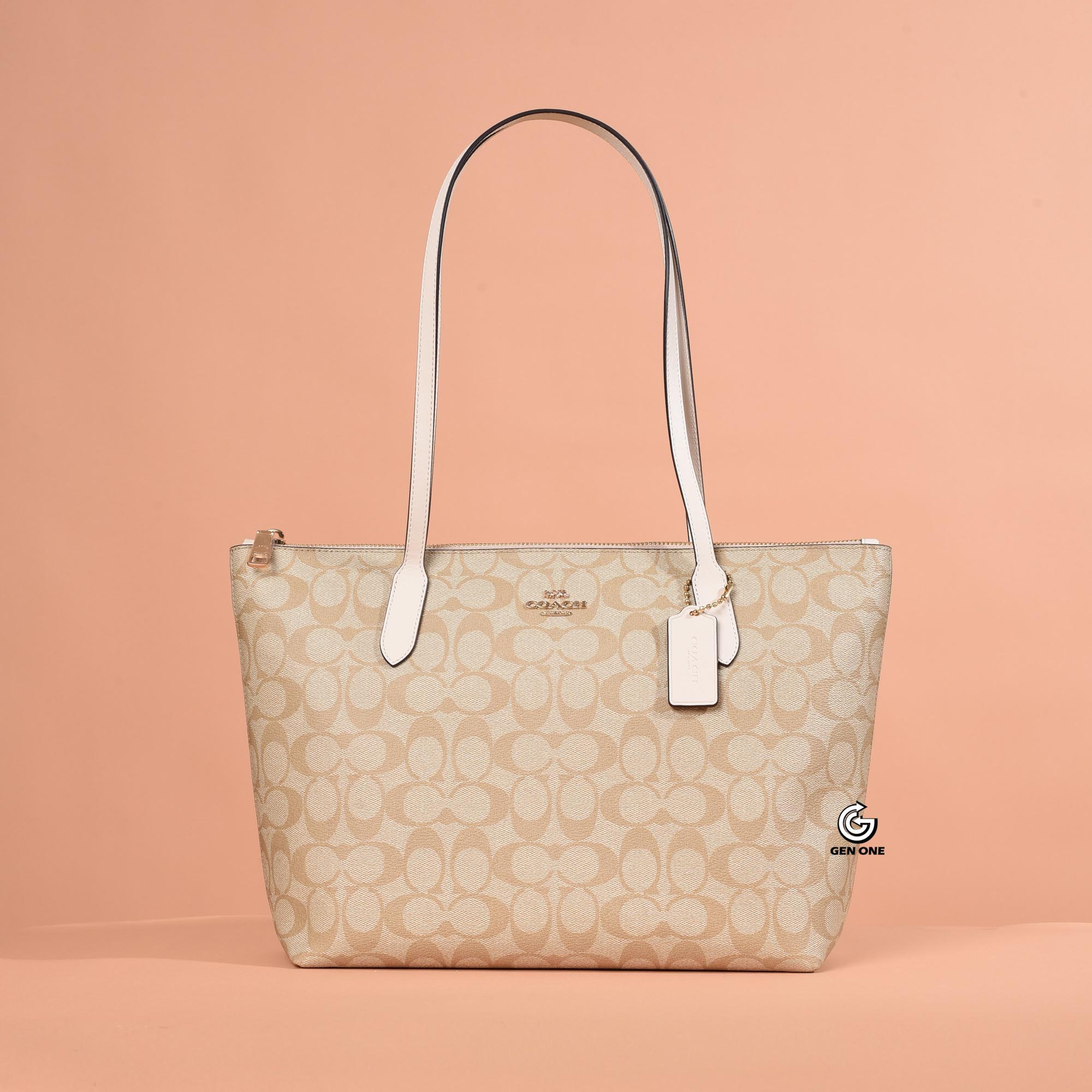 COACH 4455 SIGNATURE CANVAS ZIP TOTE BAG - SAND