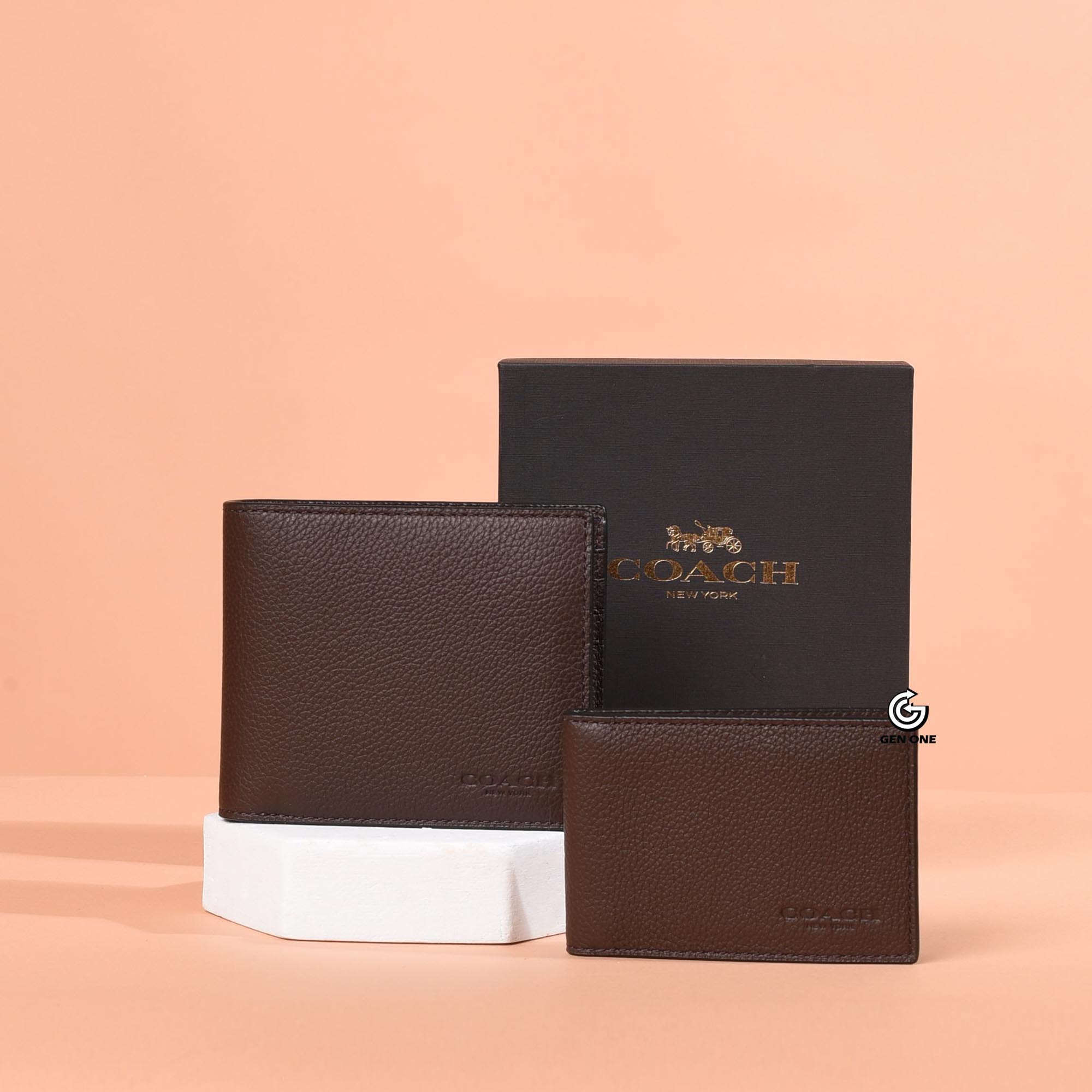 COACH CROSS LEATHER DOUBLE WALLET - DARK BROWN